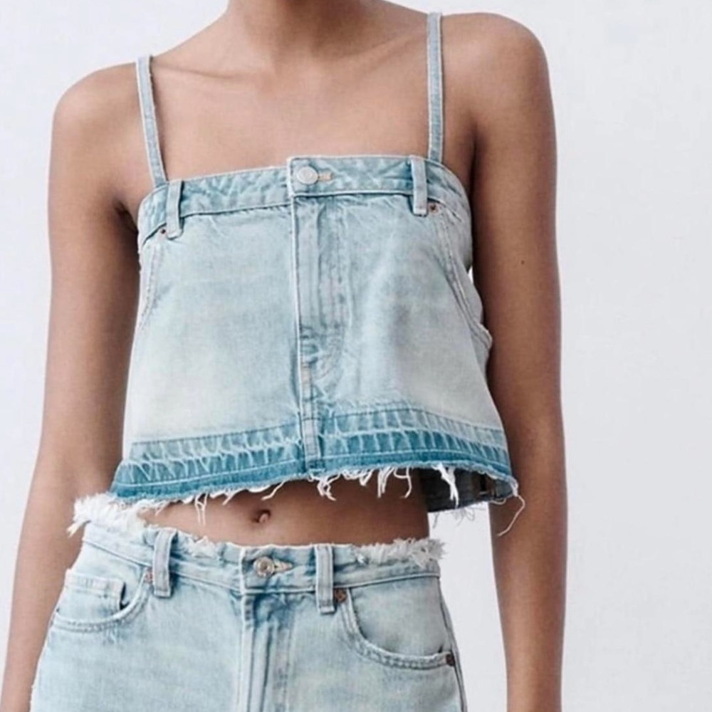 New ZARA Light Blue Denim Crop Top Medium NWT